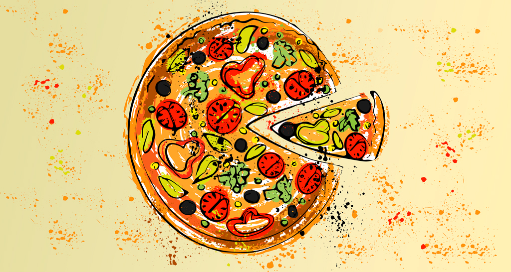 Pizza disegnata con pomodori, olive e peperoni. Illustrazione di pizza italiana.