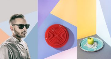 Chef Rottigni Pavoni, torta design rossa, mela verde su piatto. Dolci d'arte e alta pasticceria.