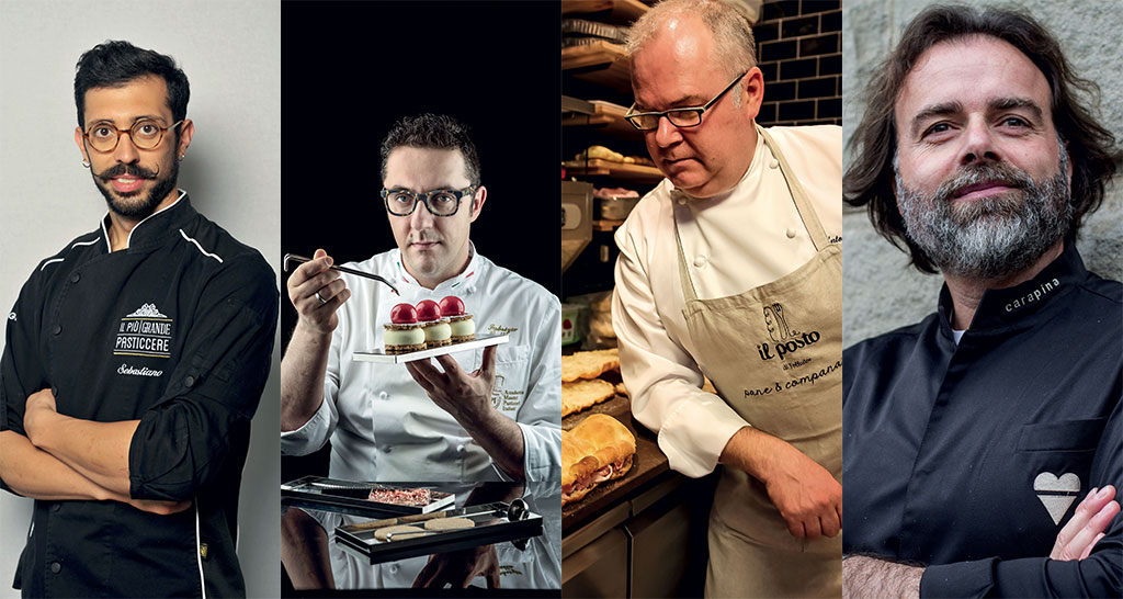 Quattro chef italiani: pasticcere, cucina, panificazione. Ritratti di professionisti del cibo.