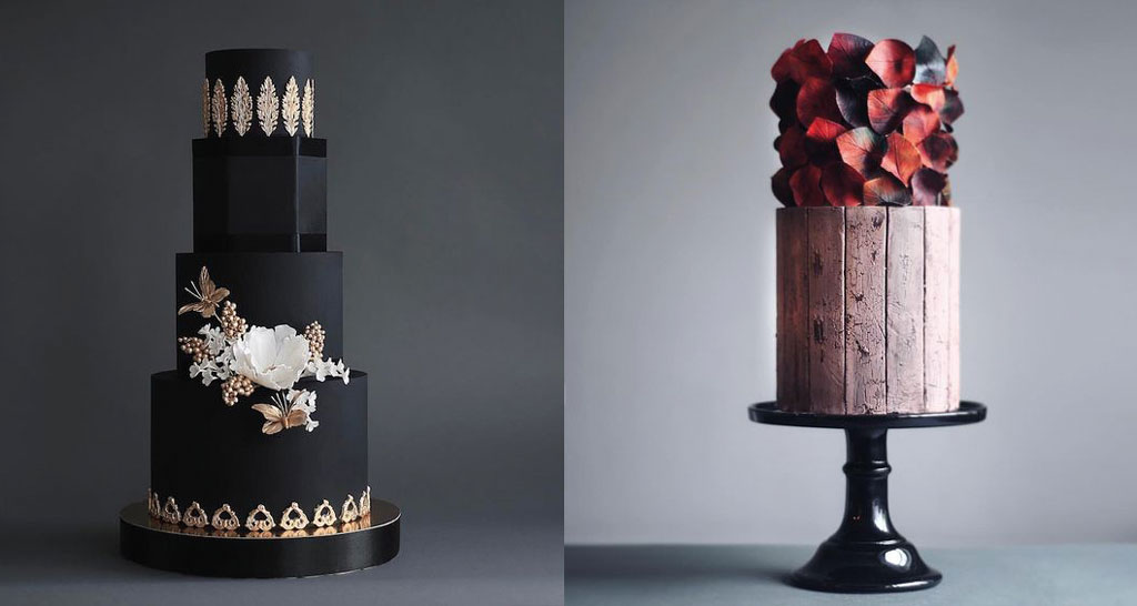Torte artistiche: torta nuziale nera a piani con decorazioni dorate e torta moderna con foglie autunnali.