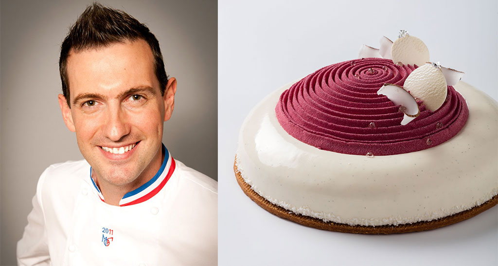 Yann Brys, chef pasticcere francese, e torta moderna con spirale viola.