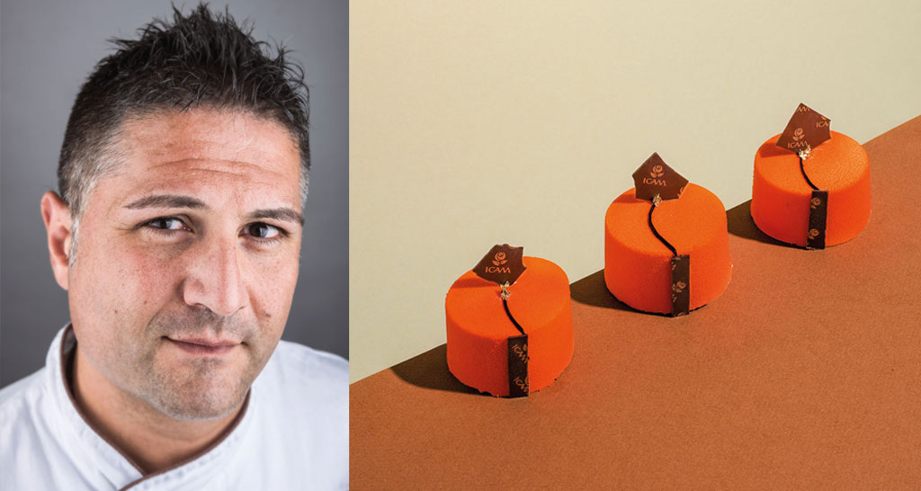 Chef pasticcere e mini torte arancioni ICAM. Dolci monoporzione, alta pasticceria italiana.
