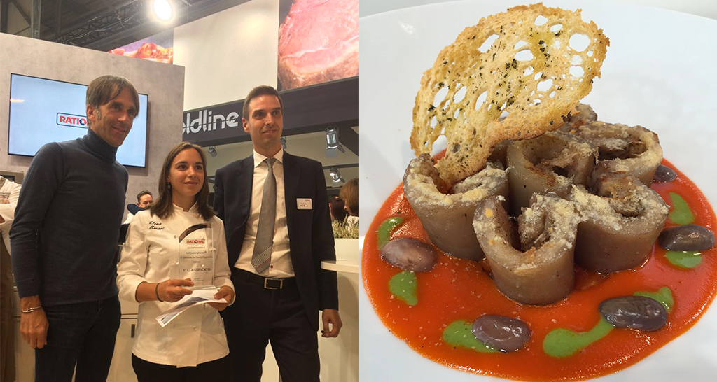 Chef premiata con piatto gourmet. Cucina creativa, alta cucina italiana. Ristorazione di qualità.