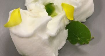 Dolce meringa con fiori e foglia. Dessert gourmet, cucina creativa.