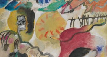 Pittura astratta di Kandinsky con forme geometriche e colori vivaci. Arte moderna del XX secolo.