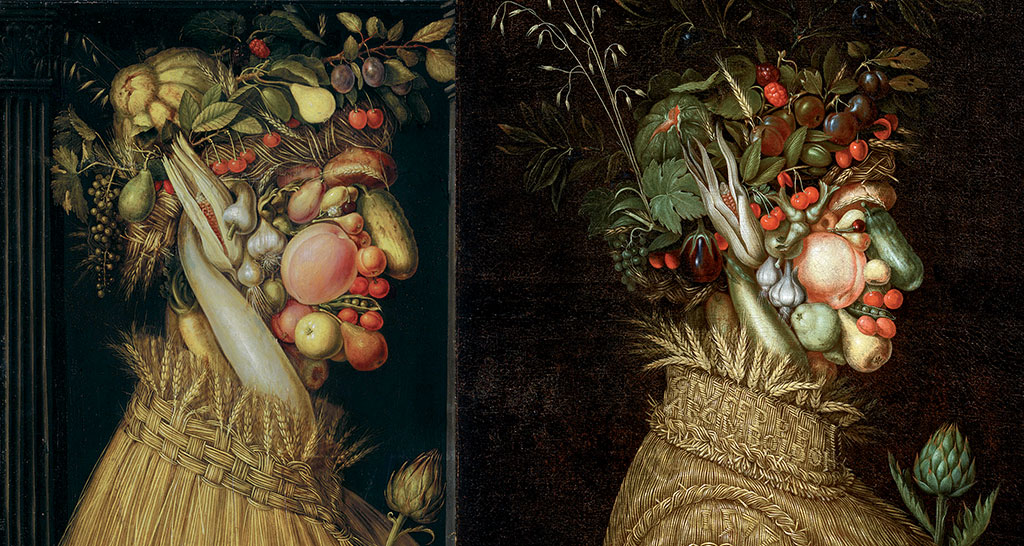 Ritratto di Arcimboldo: figure antropomorfe composte da frutta e verdura. Arte rinascimentale, allegoria delle stagioni.