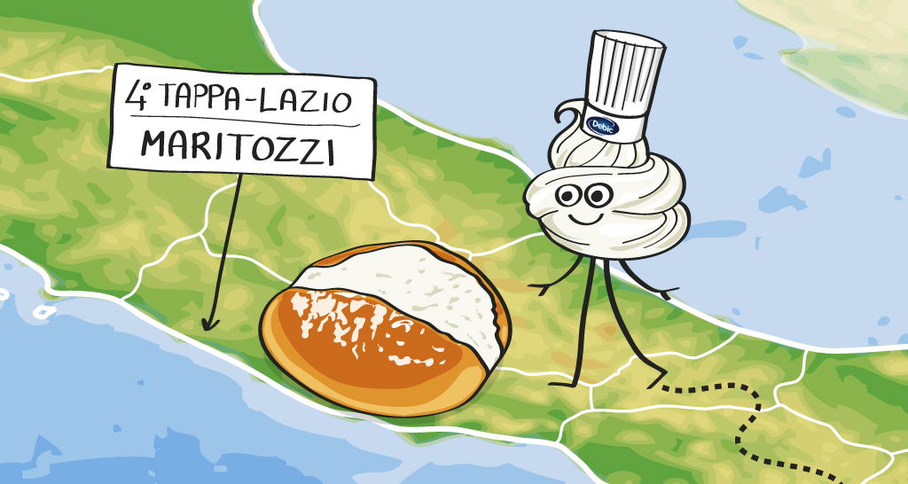 Illustrazione Lazio: tappa Maritozzi con panna. Specialità dolciaria romana. Panna Debic e mappa regione.