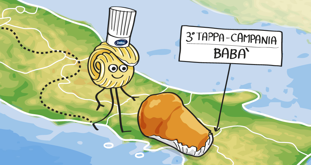 Ricciolo in Campania: pasta, babà. Illustrazione divertente del cibo regionale italiano.