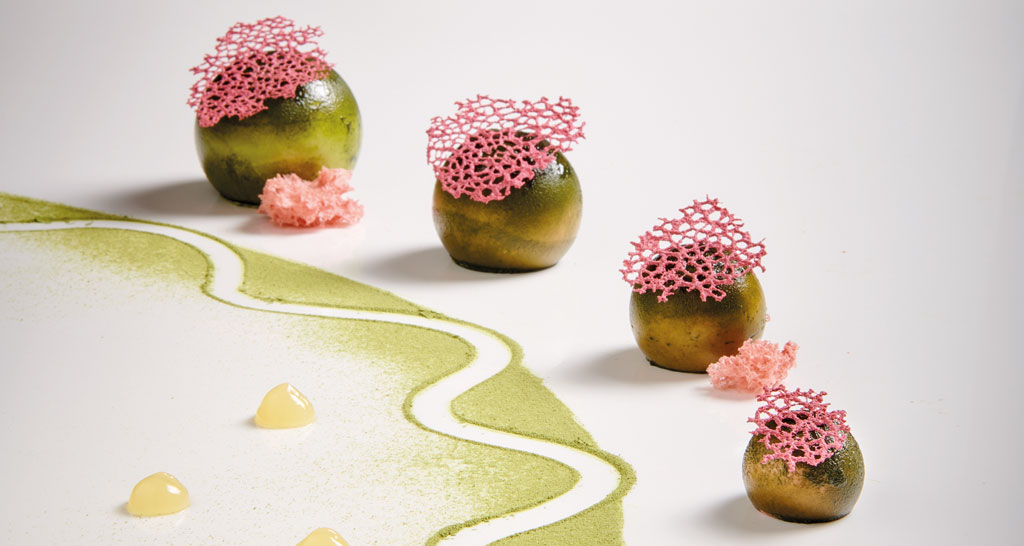 Dolci creativi. Dessert gourmet con decorazioni rosa e giardino verde. Cucina d'autore, food design.