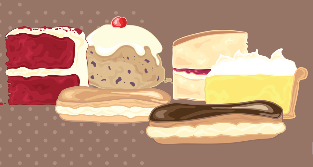 Dolci assortiti: torta red velvet, bignè, torta con ciliegia e crema. Pasticceria internazionale.