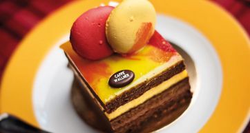Dolce Caffe Wallner: torta a strati con glassa colorata e macarons. Delizia per la merenda!