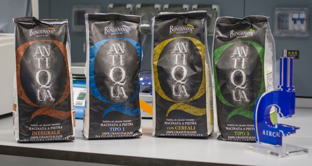 Farina Bongiovanni Antiqua: integrale, tipo 1, con cereali, tipo 2. Farina macinata a pietra da grani italiani.
