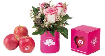 Mele Pink Lady, fiori in vaso rosa Frida's. Confezione regalo a forma di cuore. Frutta e fiori italiani.