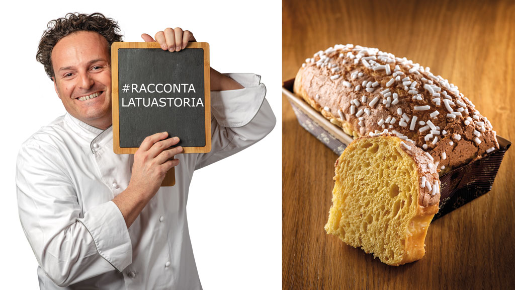 Chef sorridente con lavagna #raccontalatua storia e colomba pasquale artigianale.