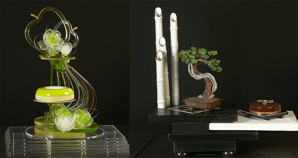 Dolci artistici: torta moderna con decorazioni floreali e bonsai zen. Pasticceria di lusso, design creativo.