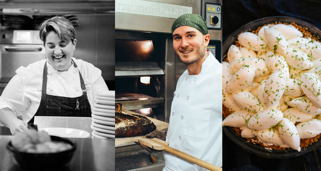 Tre immagini di chef: preparazione piatti, pane al forno, torta con crema.