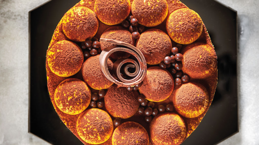 Torta tiramisù con cioccolato. Dessert italiano, palline di crema e cacao. Pasticceria artigianale.