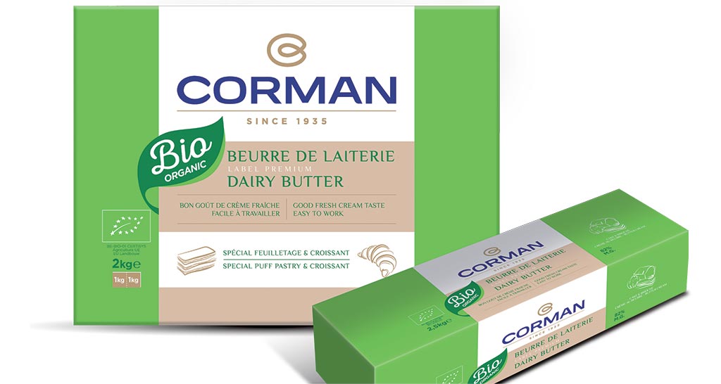 Burro Biologico Corman: confezione da 2kg e panetto. Burro di latteria premium, ideale per pasticceria e croissant.