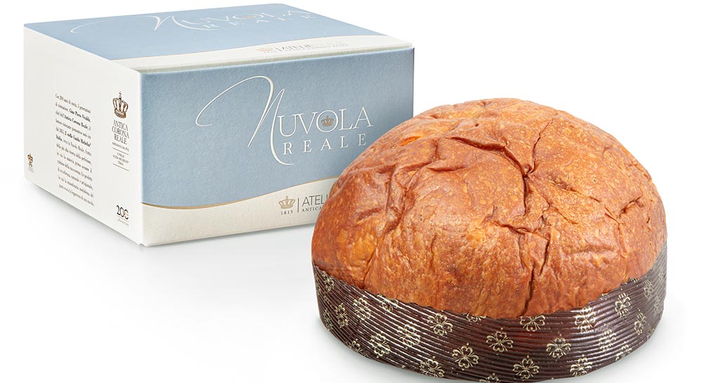 Panettone artigianale Nuvola Reale con confezione. Dolce tradizionale italiano, ideale per Natale e feste.