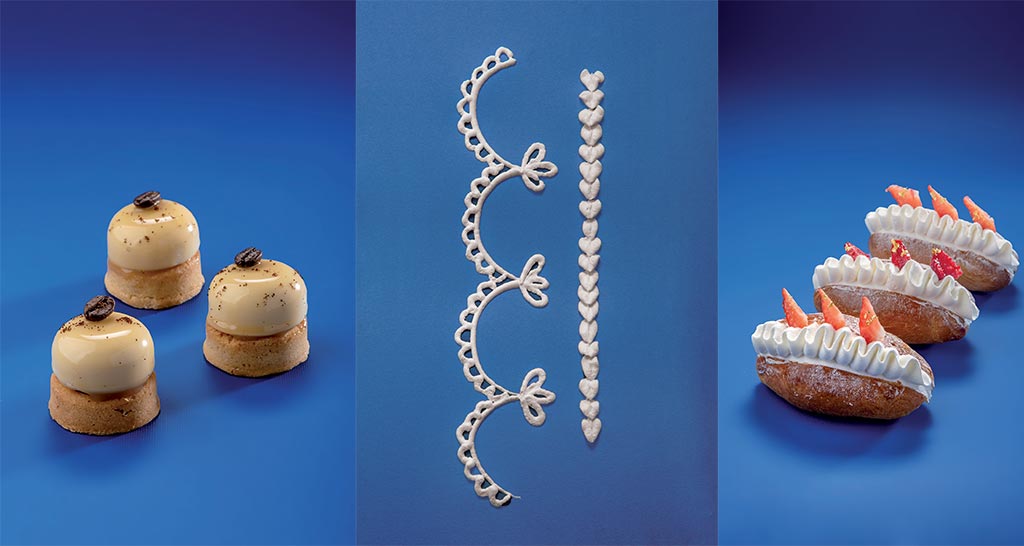 Dolci gourmet: mini torte al caffè, decorazioni di zucchero e pasticcini con panna e fragole.