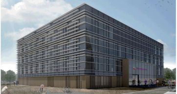 Edificio aziendale moderno con vetrate. Architettura ufficio Vandemoortele.