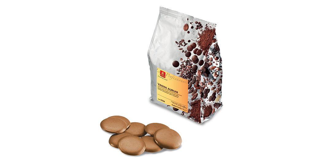 Gocce di cioccolato Vanini Aurum e confezione. Cioccolato di alta qualità per pasticceria e dessert.