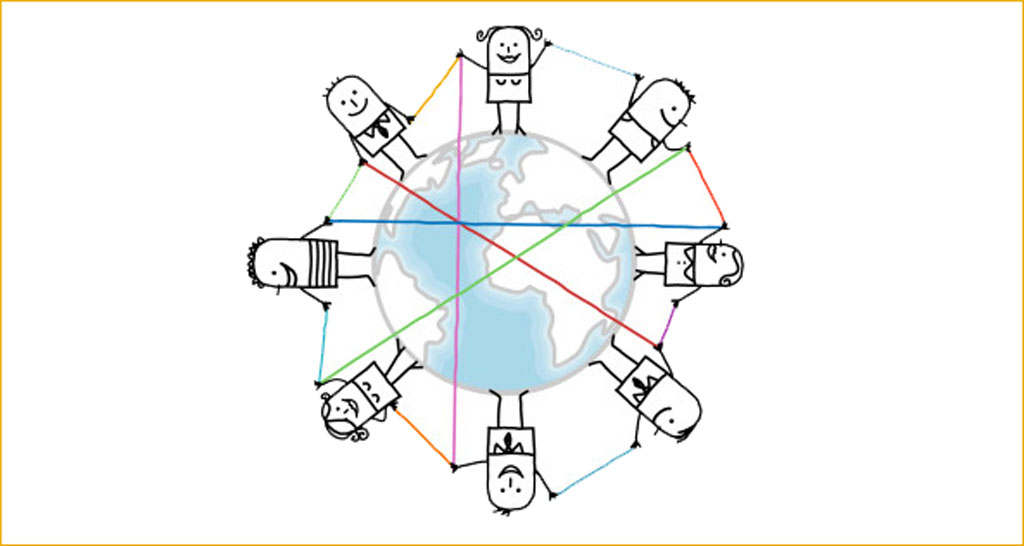 Persone connesse intorno al mondo. Podcast, rete globale, collaborazione.