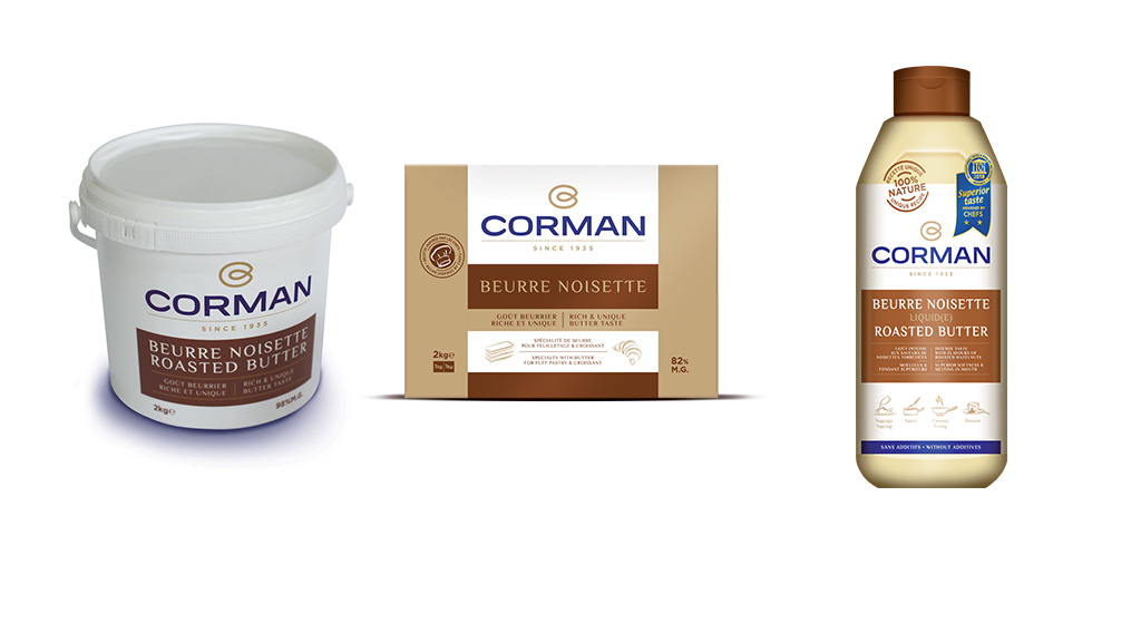 Burro Nocciola Corman: secchiello, confezione e burro liquido. Burro tostato per pasticceria e cucina.