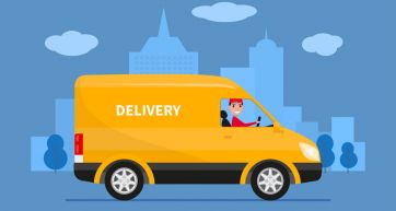 Furgone giallo per consegna a domicilio. Servizio di food delivery rapido in città.