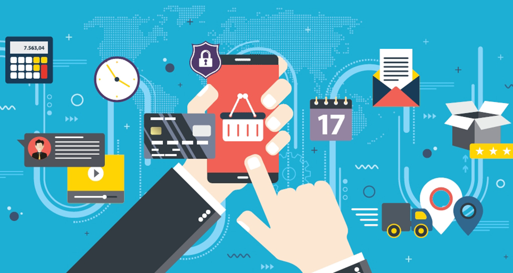 Shopping online. Acquisti con smartphone, carta di credito, sicurezza. E-commerce, spedizioni, calendario, video, chat.