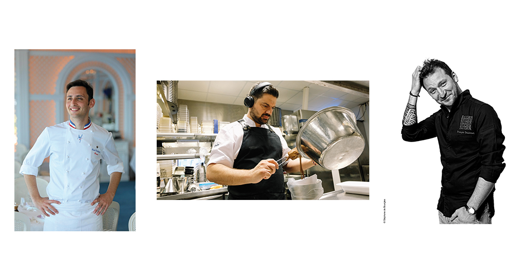 Tre chef: ritratti di cuochi professionisti in divisa e al lavoro in cucina. Alta cucina.