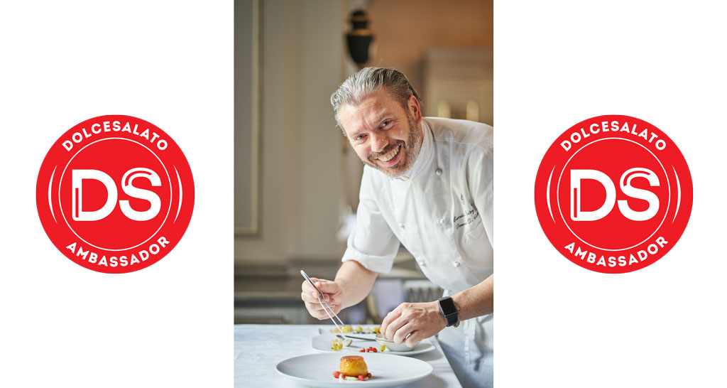 Chef Domenico Di Clemente decora piatto. Cucina gourmet, ambasciatore Dolcesalato.