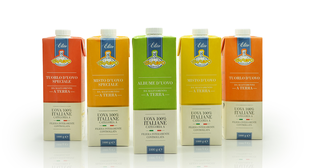 Confezioni di uova Eurovo Elite: tuorlo, albume, misto d'uovo. Uova 100% italiane da allevamento a terra.