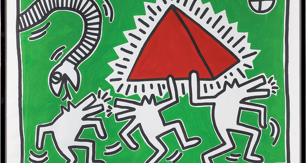 Opera d'arte di Keith Haring con figure stilizzate, serpente e piramide rossa su sfondo verde. Grafica pop art.