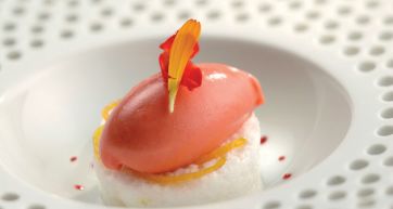 Sorbetto al limone e melone con fiore edibile. Dessert fresco ed estivo.