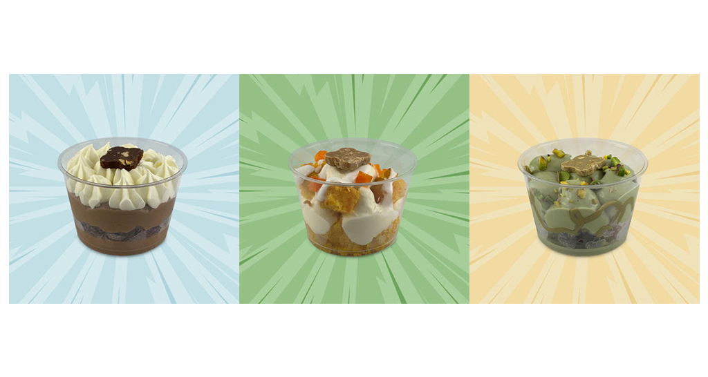 Tris di dolci monoporzione: cioccolato, zuppa inglese e pistacchio. Dessert golosi.