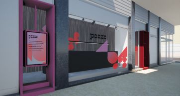 Design negozio Pozzo: interni moderni con colori rosa, nero e grigio. Arredamento minimalista e illuminazione elegante.