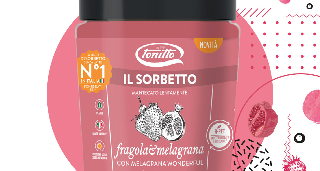 Sorbetto Tonitto fragola e melograna. Dessert vegano senza latte, made in Italy.