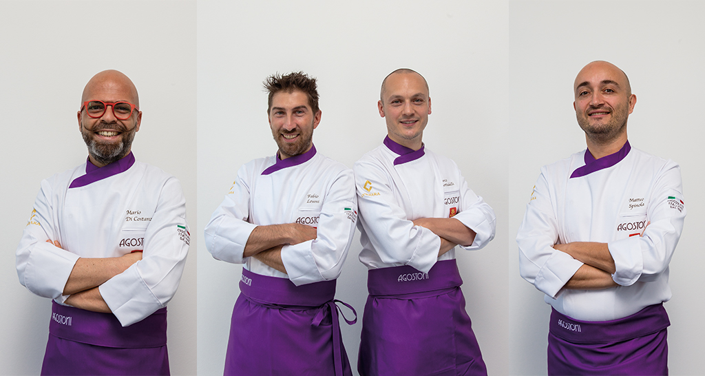 Chef Agostoni: team di pasticceri professionisti in divisa bianca e viola. Eccellenza culinaria italiana.