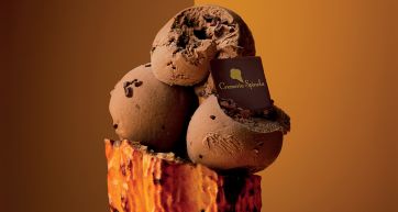 Gelato artigianale al cioccolato Cremeria Spindola. Dessert goloso con decorazione di cioccolato.