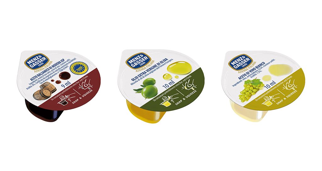 Aceto balsamico, olio extra vergine, aceto di vino bianco Menz & Gasser in confezioni monodose.