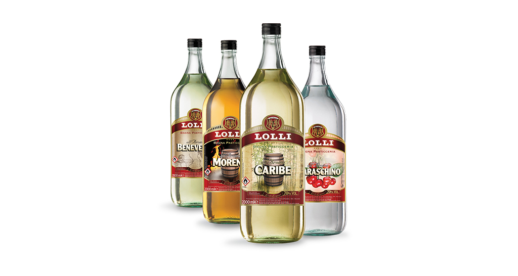 Quattro bottiglie di bagne Lolli per pasticceria. Aromi di Beneve, Moren, Caribe e Araschino.