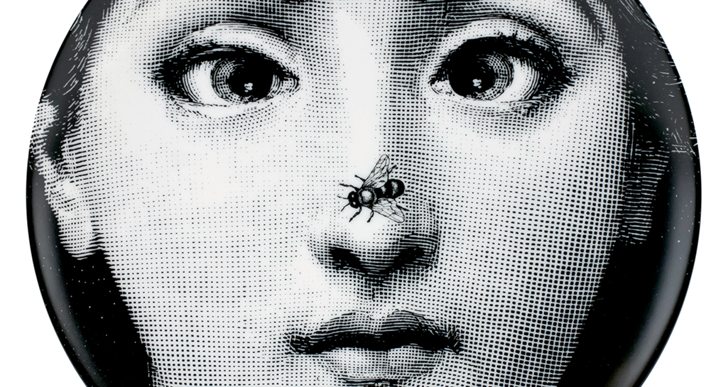 Piatto Fornasetti Tema e Variazioni n°363. Volto di donna con mosca sul naso, design iconico.
