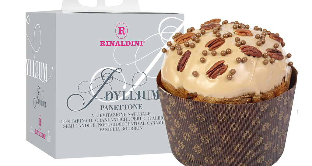 Panettone artigianale Rinaldini Idyllium con noci pecan e cioccolato. Dolce natalizio.