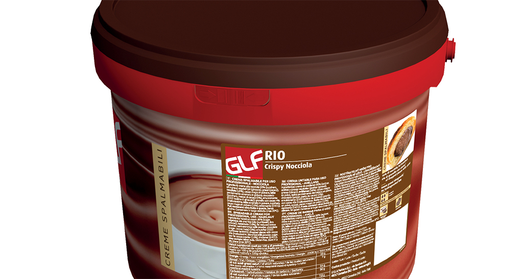 Secchiello di crema spalmabile RIO Crispy Nocciola GLF. Crema alle nocciole per uso professionale.