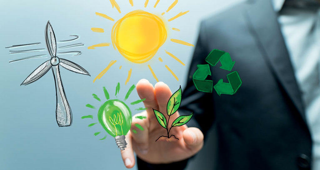 Fonti energia rinnovabile: eolico, solare, riciclo. Uomo in giacca tocca simboli energia verde.