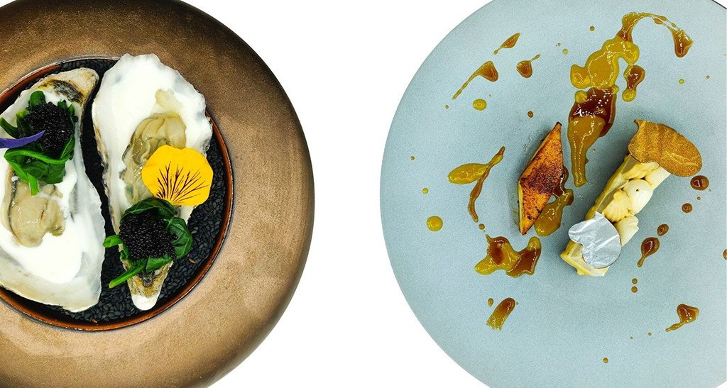 Raffinati piatti gourmet: ostriche con caviale e decorazioni floreali, e creazioni culinarie con salse artistiche.