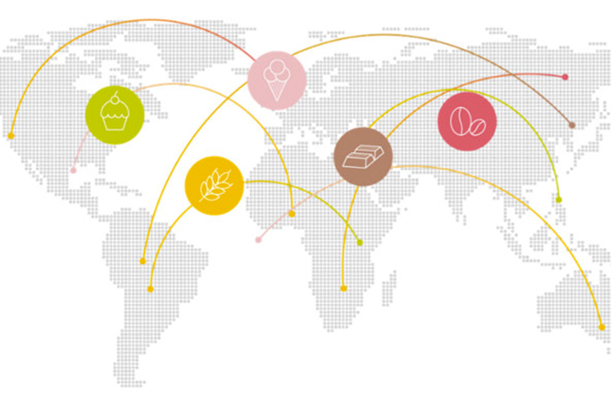 Mappa mondiale Sigep Exp: filiere dolciarie connesse. Icone di gelato, caffè, grano, cioccolato e cupcake.