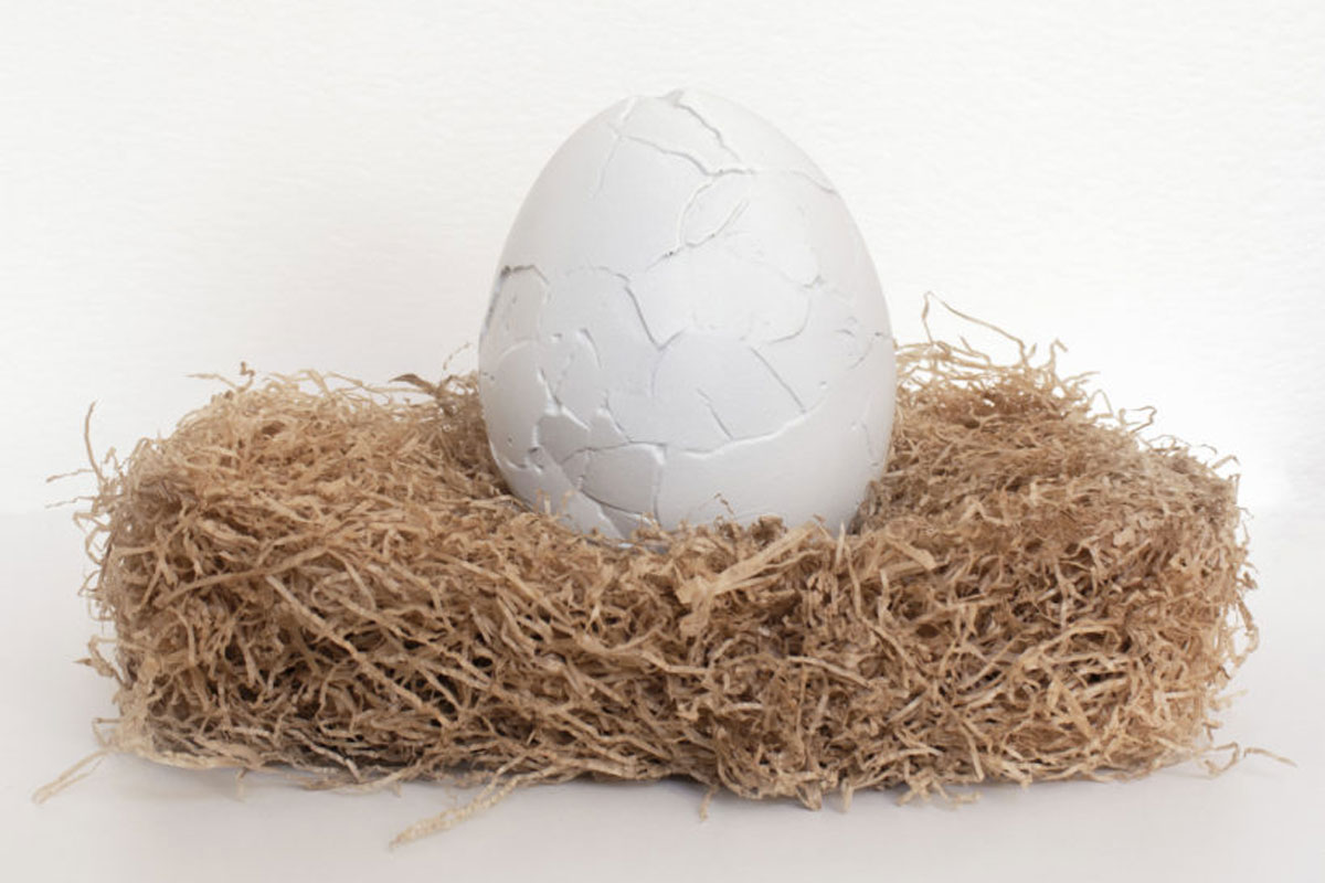 Uovo di Pasqua Im-perfetto di Baronetto e Gobino. Uovo bianco decorato su nido di paglia.