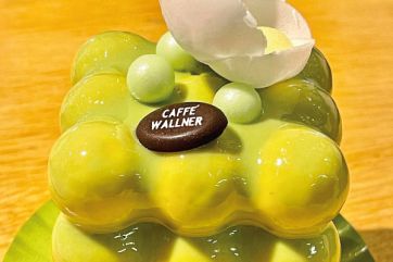 Monoporzione Fiona di Vera Wallner, dessert evento. Pasticceria artigianale con glassa verde e decorazioni.